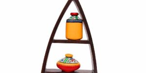 Wooden Wall Shelf with Handpainted Terracotta Pots